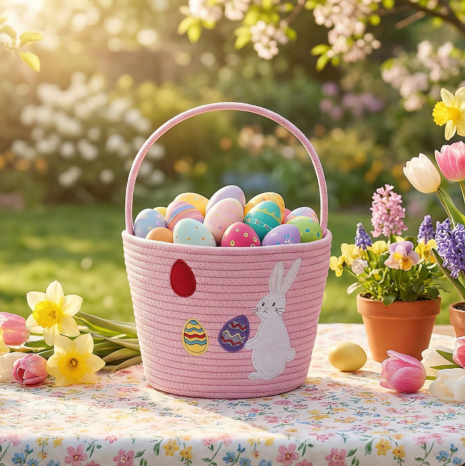E-FirstFeeling Easter Baskets for Kids,Woven Rope Easter Bunny Basket with Ha...