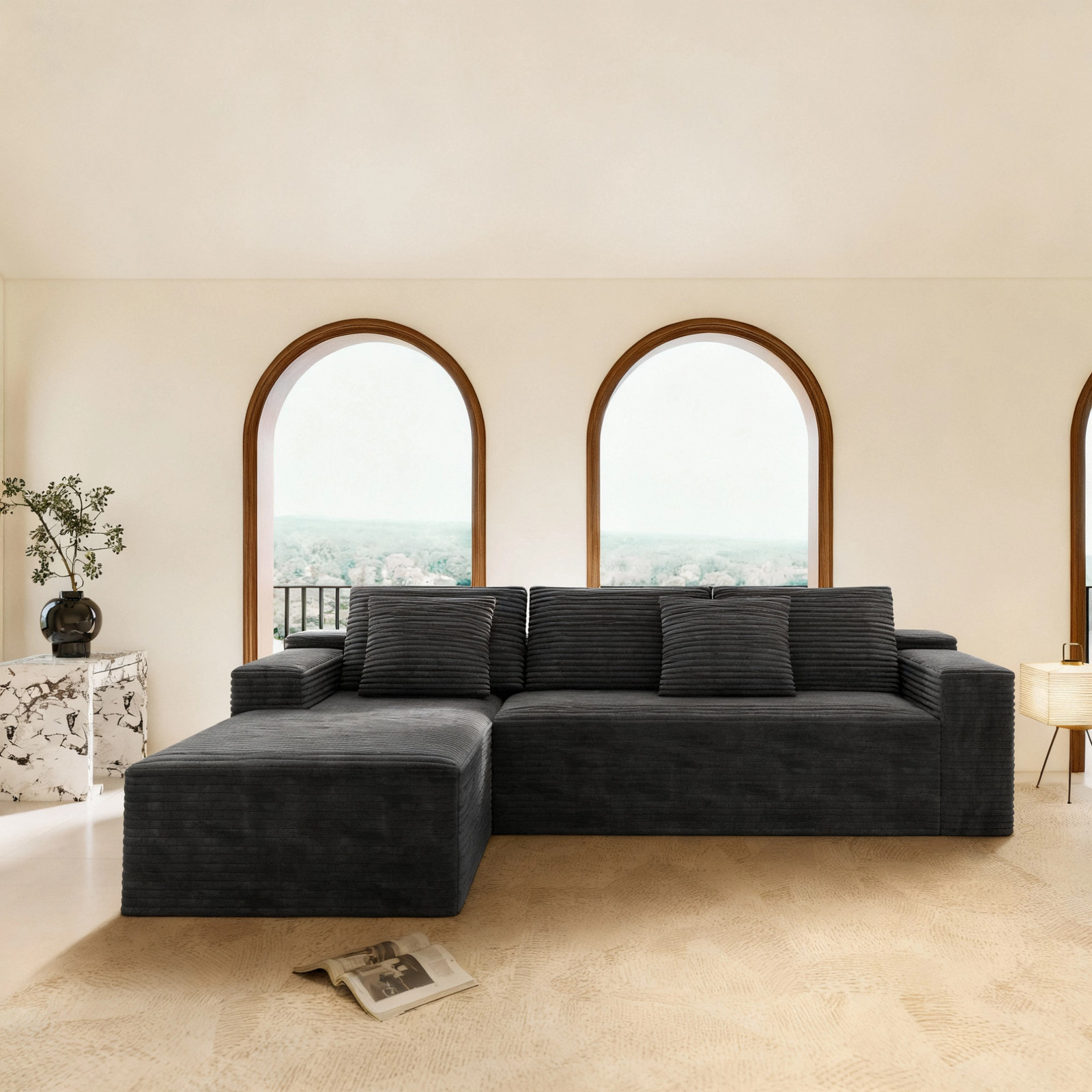 Modular Sectional Sofa Plush Corduroy Fabric Grey No Assembly Required