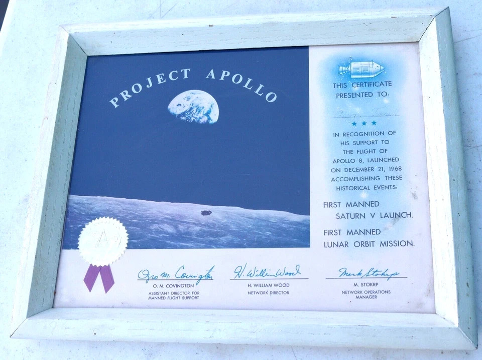 RARE 1968 NASA APOLLO 8 1ST MANNED FLIGHT & ORBIT OF MOON EMPLOYEE CERTIFICATE