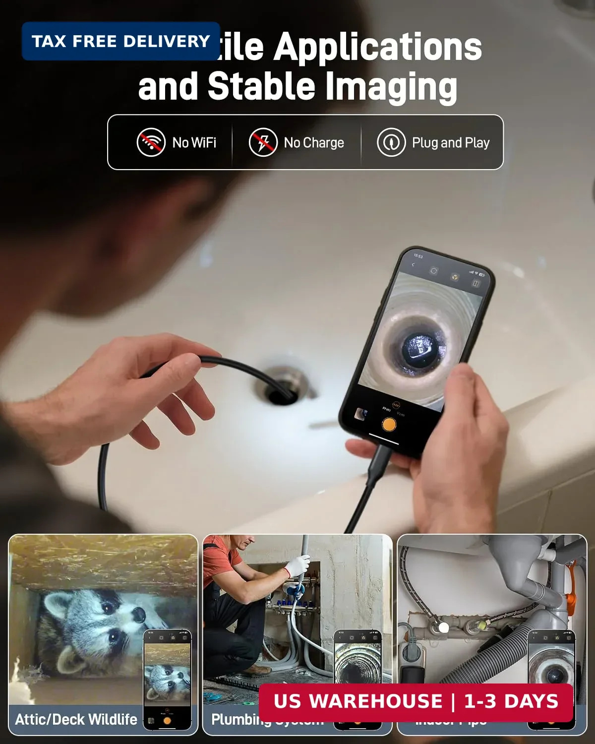 Endoscope Camera with Light, 1920P HD Borescope with 8 Adjustable LED Lig