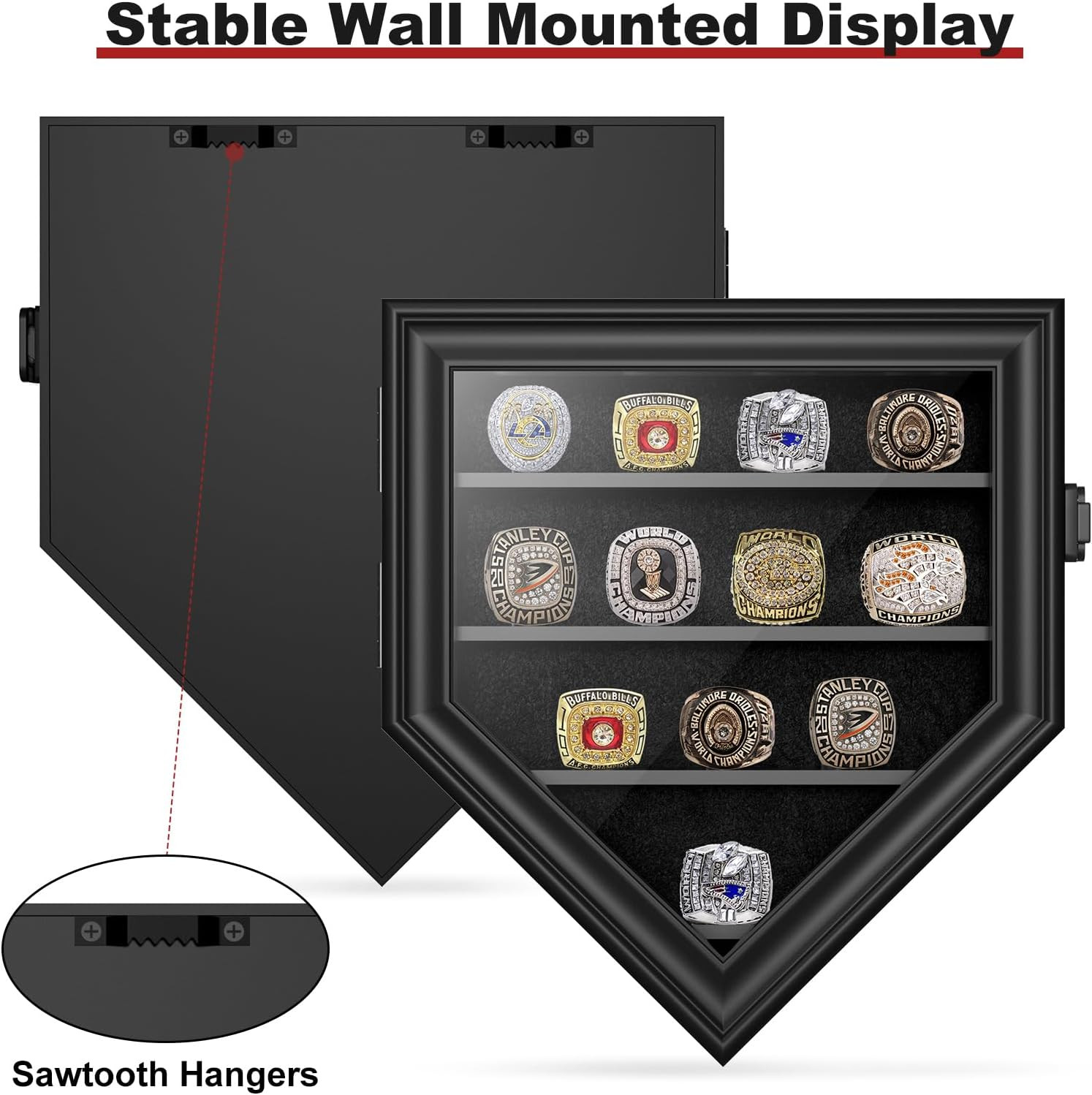 Championship Ring Display Case, 12 Posts Baseball Ring Holder, Lockable Wall Mou