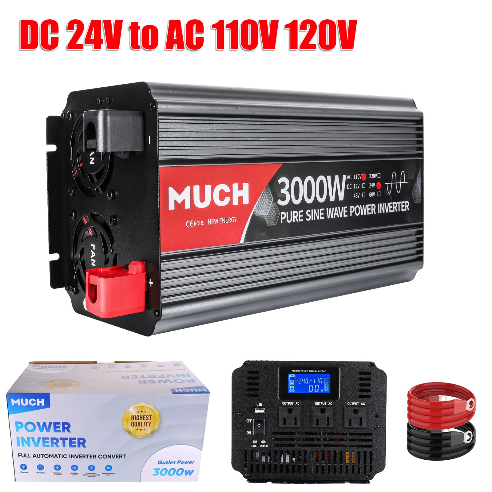 2/4000W LCD Car Power Inverter DC 24V To AC 110V Pure Sine Wave Solar Converter