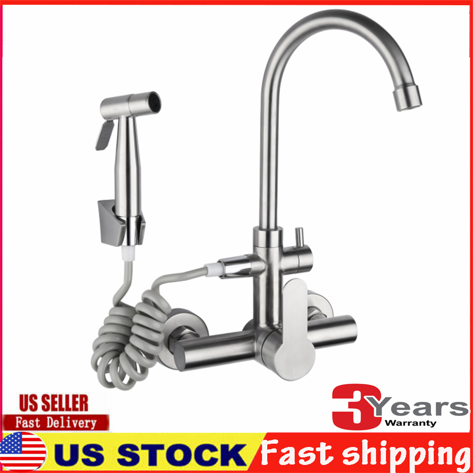 Stainless Steel Commercial Sink Faucet Wall Mount 360°Rotation Kitchen Faucet US