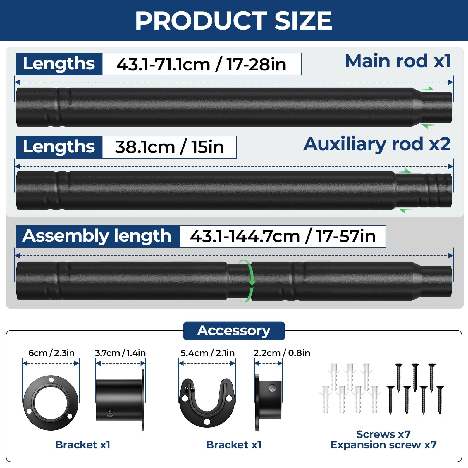 Closet Rods for Hanging Clothes17 to 57 Inches Stepless Adjustable Metal Clos...