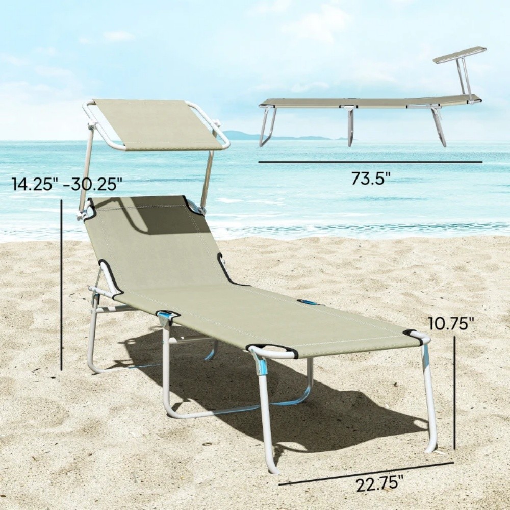 White Chaise Lounge - 4Level Backrest Metal Oxford Cloth W/Awning Foldable 264lb