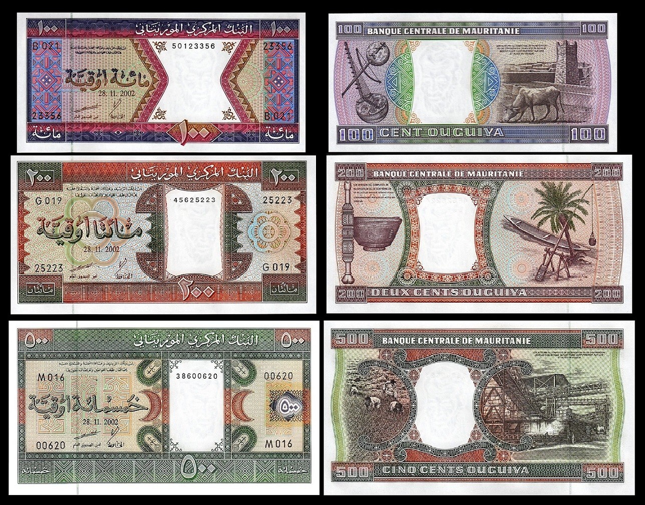 Mauritania 3 Pcs Set, 100 200 500 Ouguiya 2002, UNC, P-4 P-5 P-8