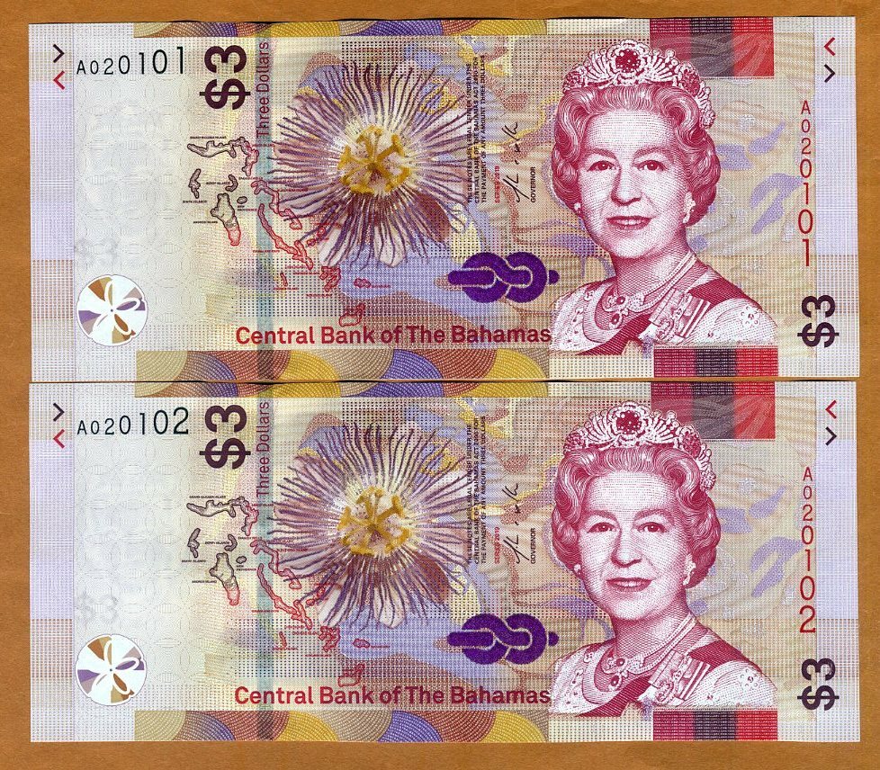 SET Bahamas, 2 x 3 dollars, Consecutive pair 2019, P-New, QEII, UNC redesigned