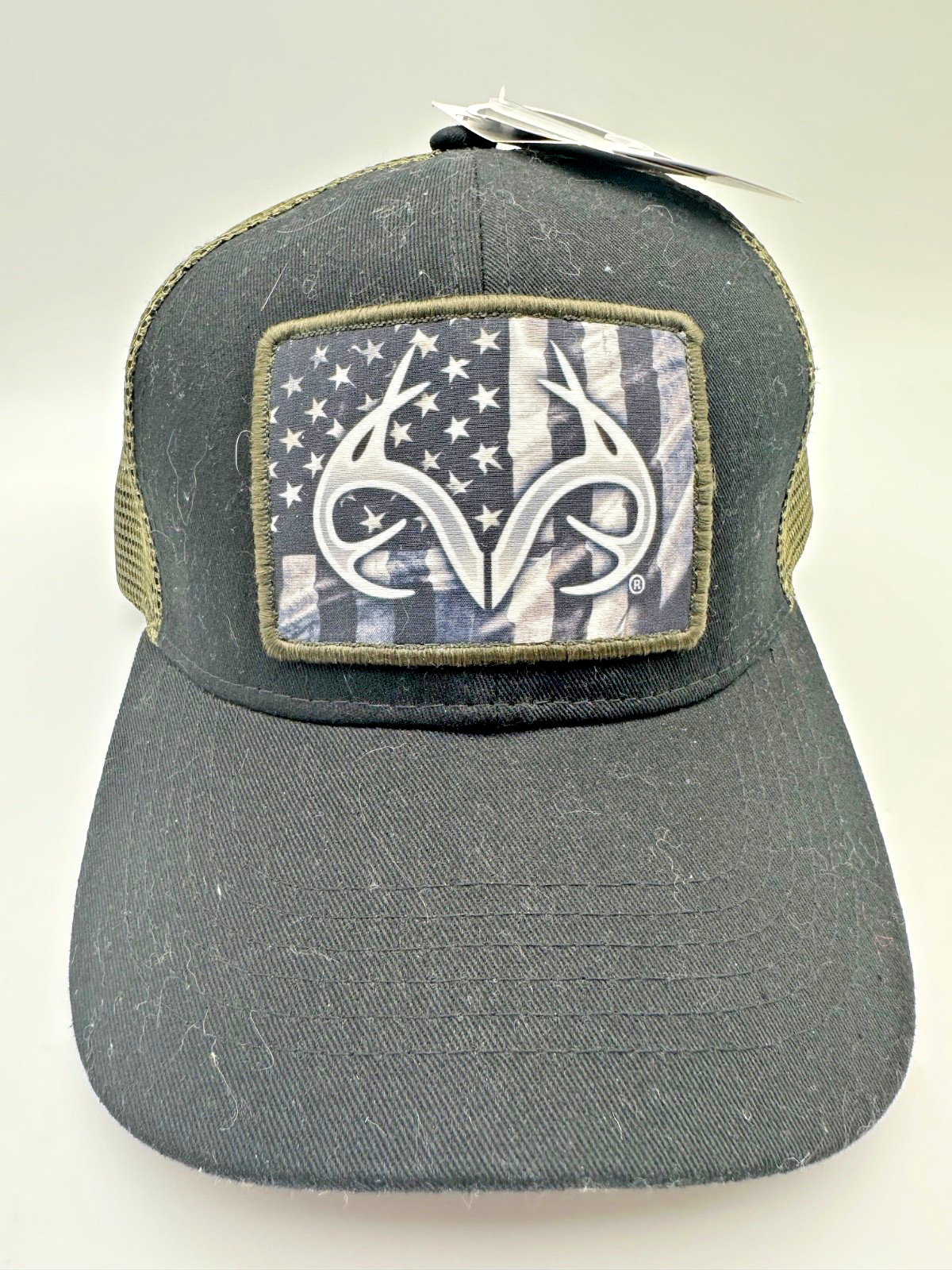NWT Realtree Outfitters Black Olive Trucker Hat Mesh Cap USA Flag Antler Patch