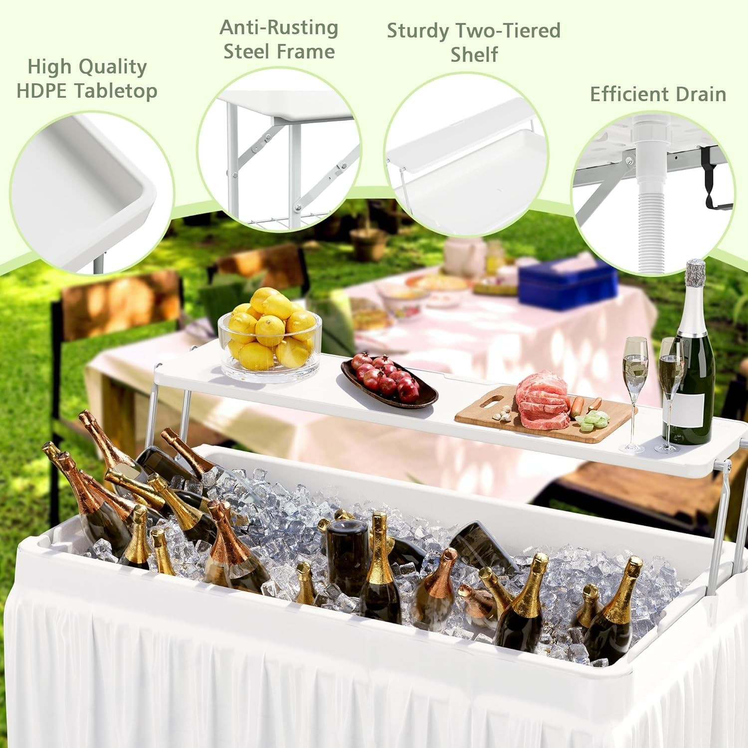 Folding Party Ice Cooler Table with Extra Storage Shelf, Portable Tailgate Ca...