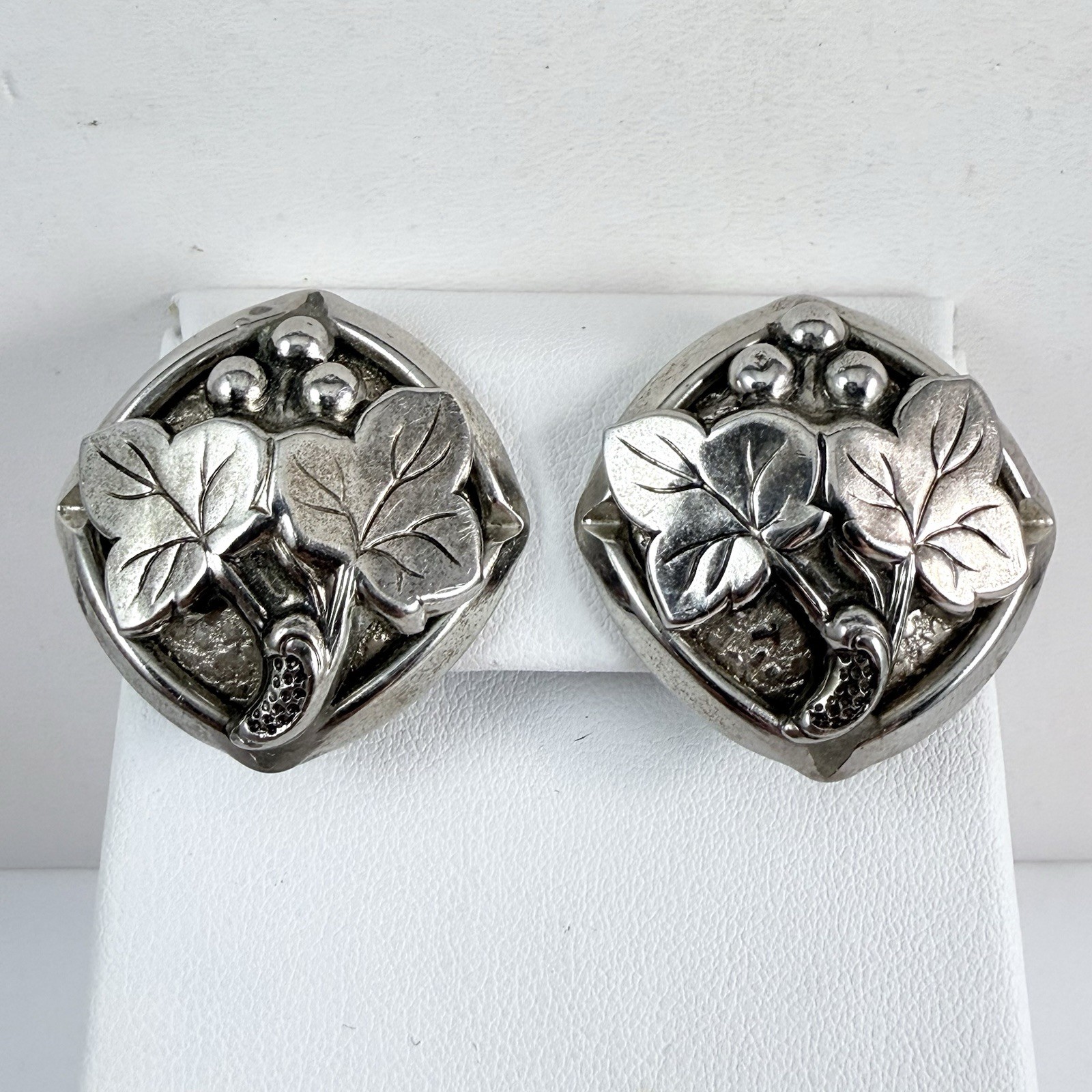 Vintage Grapes with Leaves Silver Tone Clip on Earrings