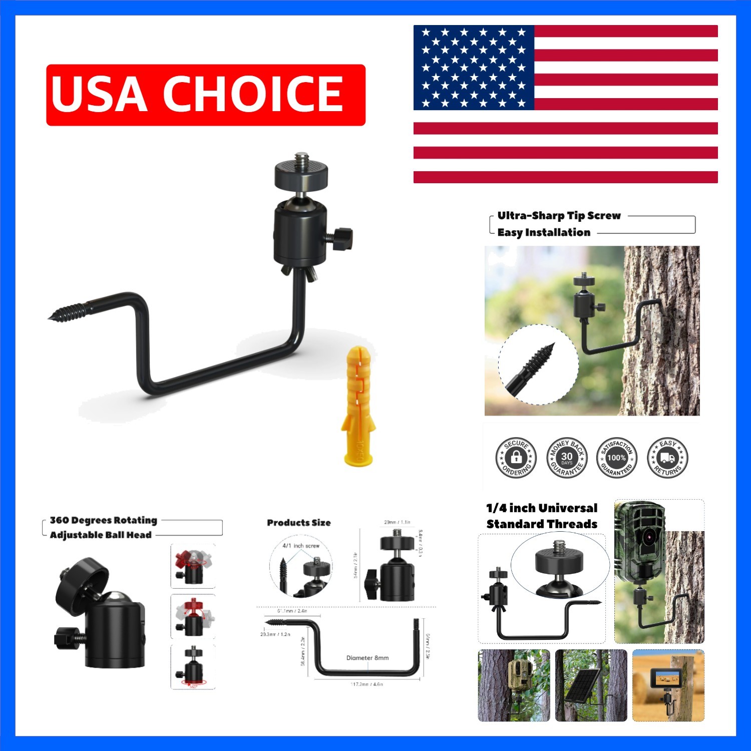 Trail Camera Tree Mount: 360 Degrees Adjustable Game Camera Mount with 1/4 in...