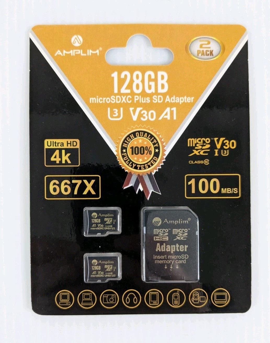 AMPLIM 128GB MicroSDXC with SD Adapter 2 Pack NEW