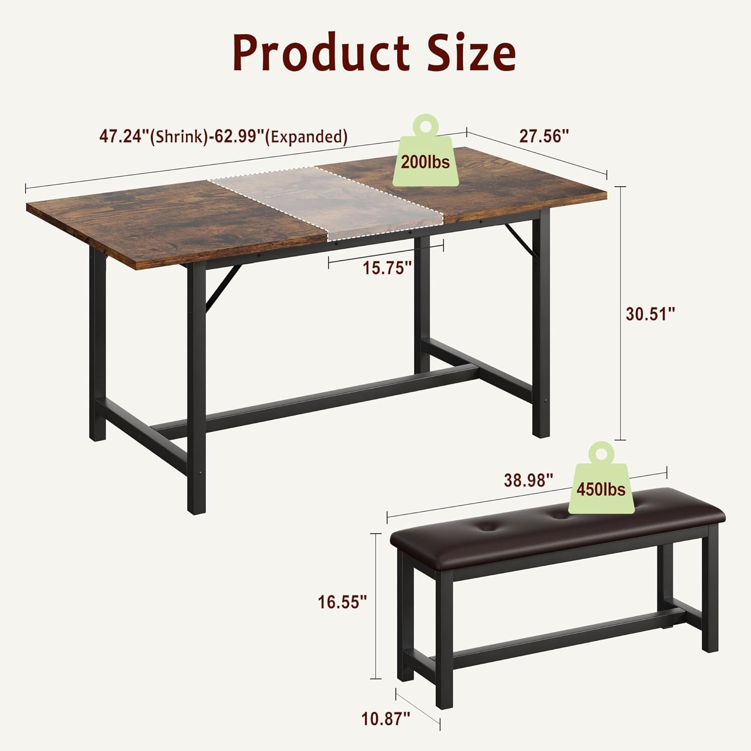 3-Piece Dining Table & Chairs Set – Extendable 47-63", Durable, Compact Design