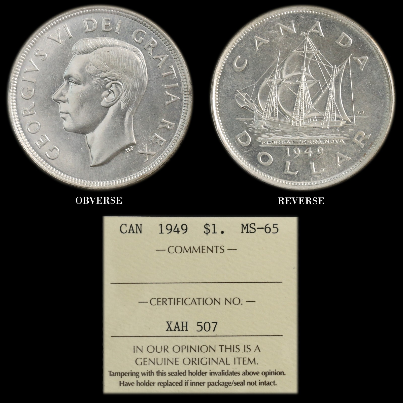 1949 $1 ICCS MS65 Blast White Commemorative Silver Dollar Canada Matthew Ship