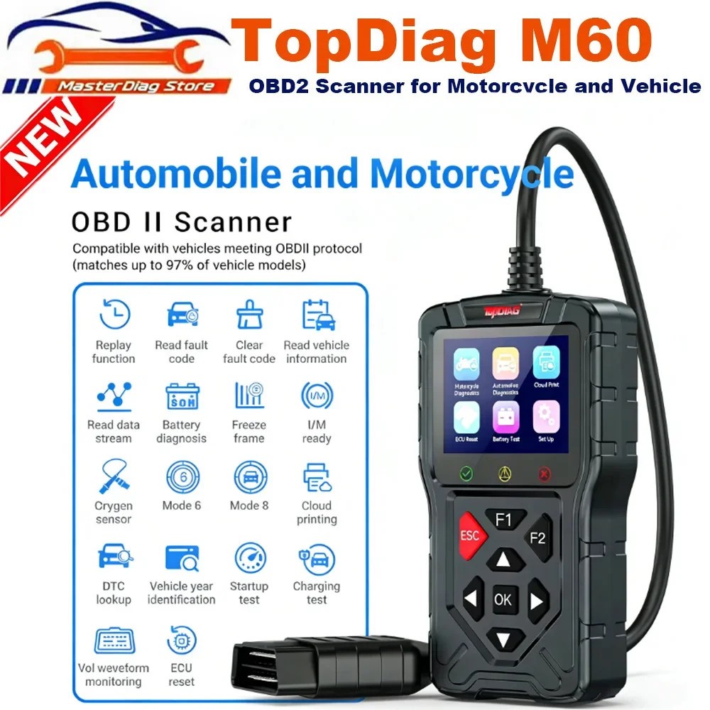 OBD2 Scanner Code Reader 12V 24V Battery Tester for Car Truck Motorcycle ECU DTC