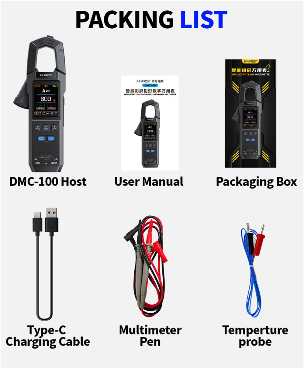 FNIRSI DMC-100 Clamp Type Multimeter Automatic Ammeter With Temperature Probe
