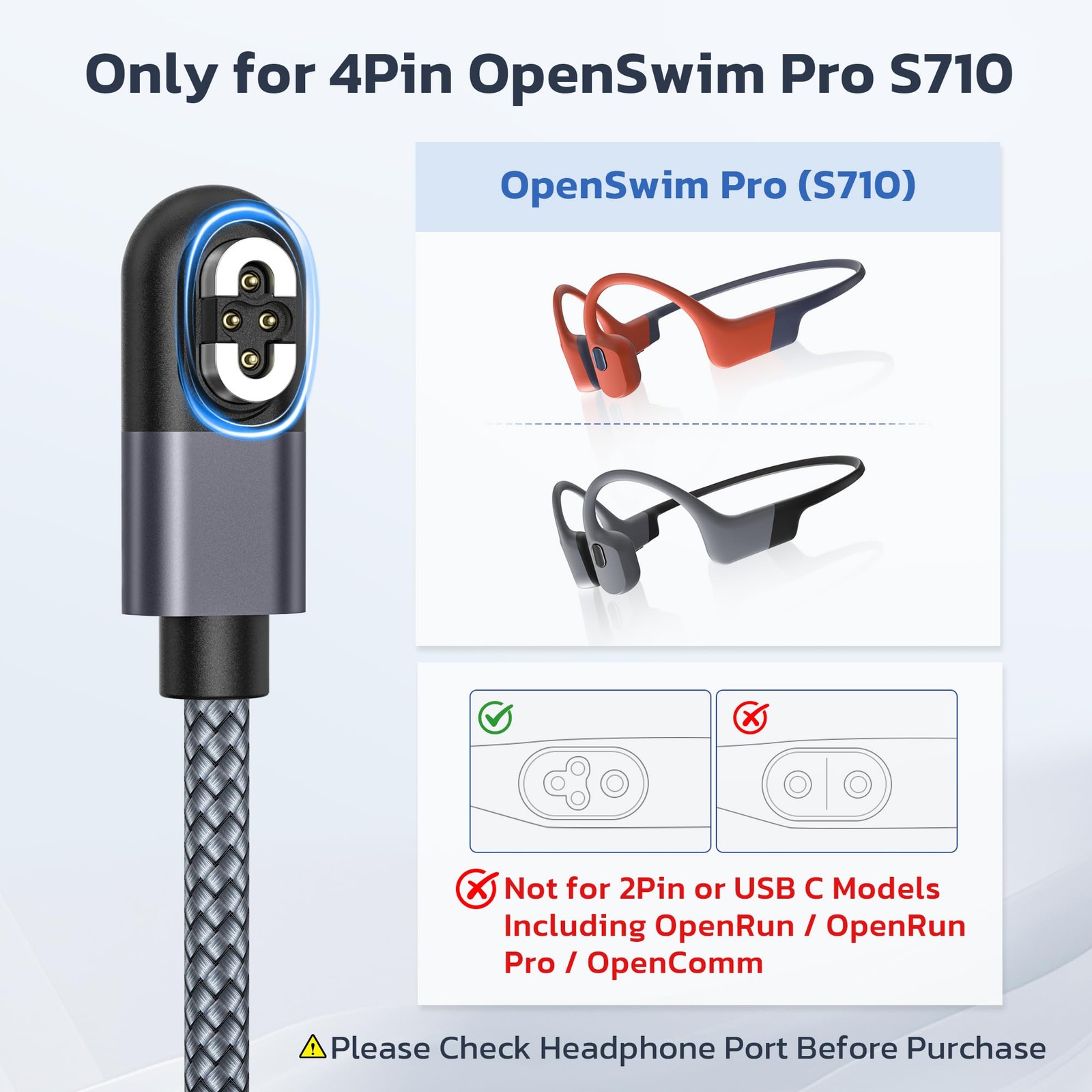 USB 4Pin Shokz OpenSwim S710 Charging Cable Adapter 2Pack