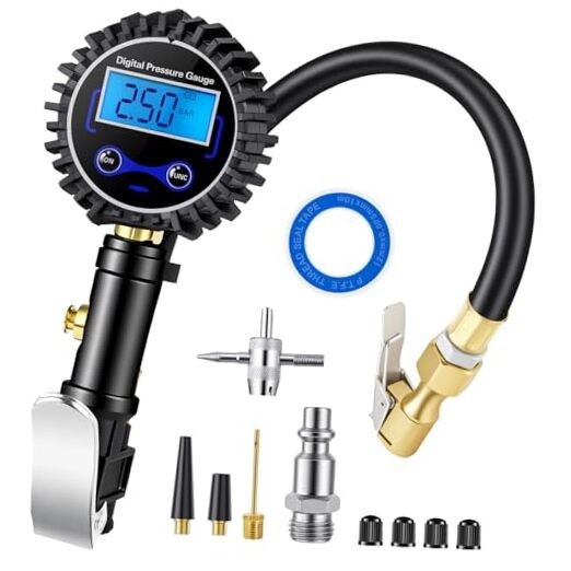 Digital Tire Pressure Gauge with Inflator, 250 PSI Heavy Duty Air Chuck & blue
