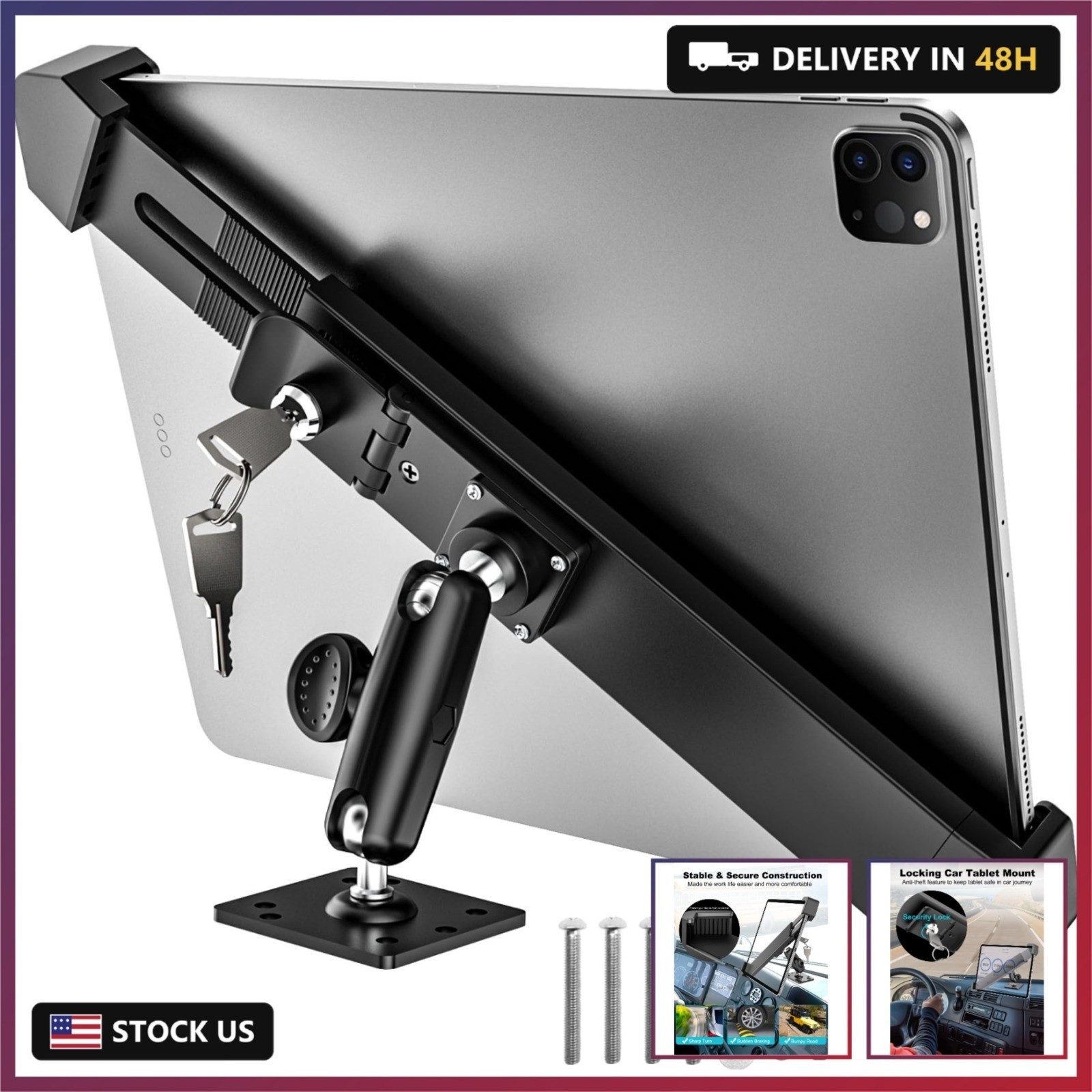 Security Car Tablet Mount, Industrial Heavy Duty Tablet Holder with Lock & Key,