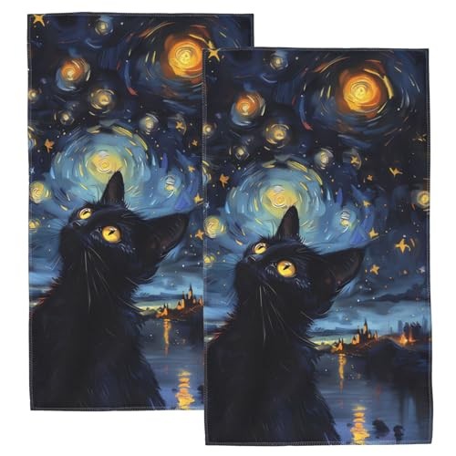 Hand Towels for Bathroom Set of 2, 14x28 Inch One Size Black Cat Starry Night