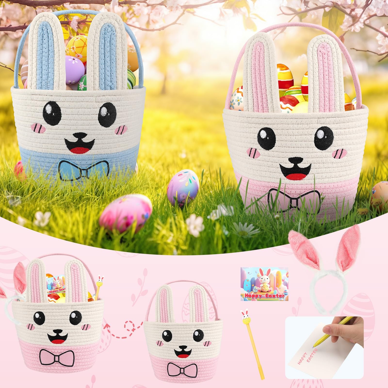 Hooutky Easter Bunny Basket for Kids, Large Capacity Easter Egg Fillable Bask...