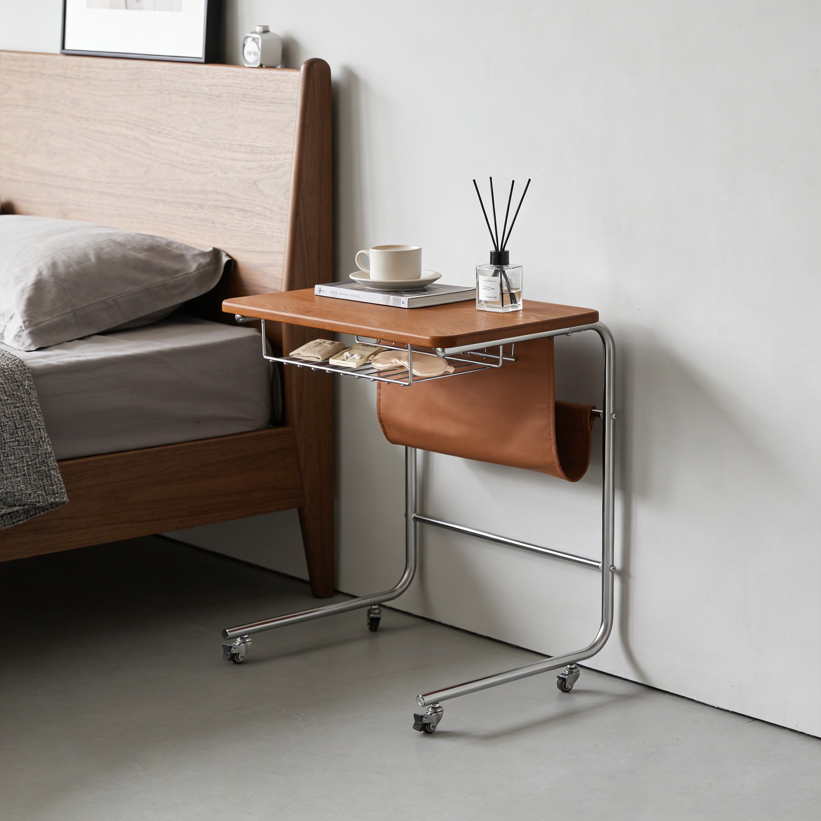 C-shaped End Table With Universal Wheels Sofa Side Table With Pu Storage Bag