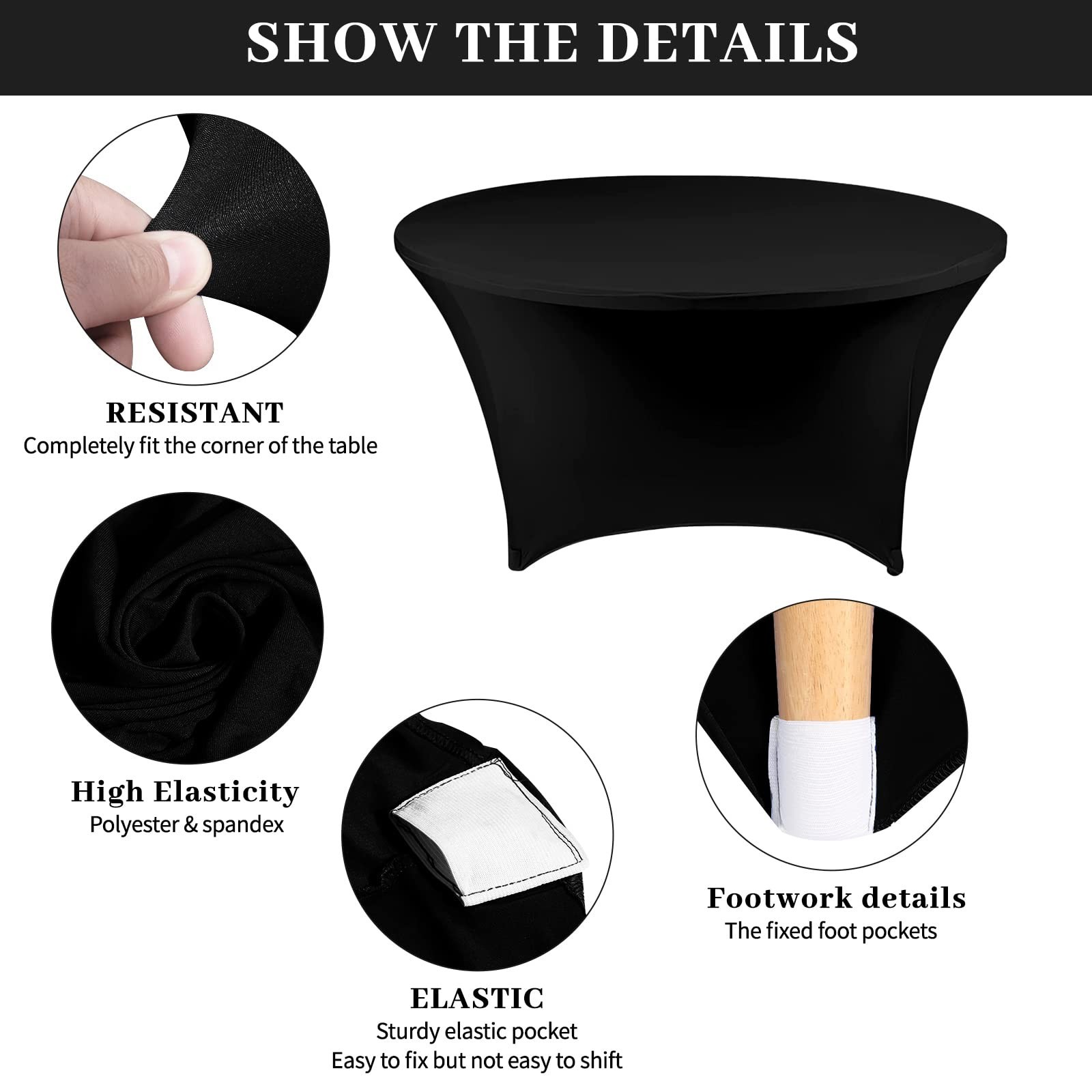 SSYAQRA 4 Pack 60 Black Spandex Tablecloth - 5FT 60 in Black Round Stretch Ta...