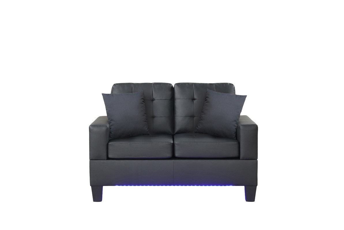 Genesis 55.5"W Black PVC Fabric Loveseat with LED Lights+USB+Tufted Cushions