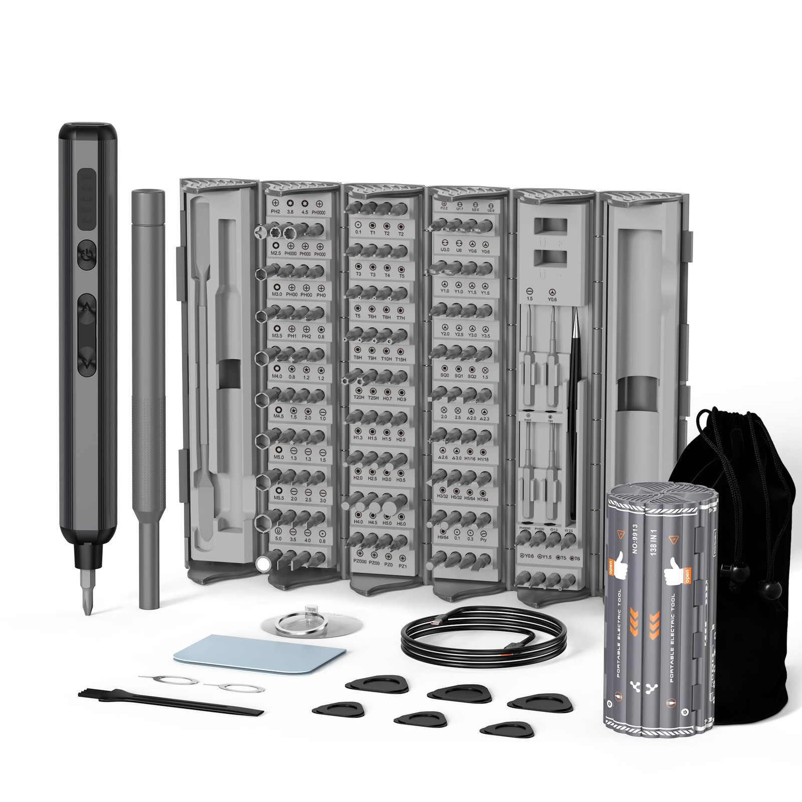 138-IN-1 Electric Screwdriver Set Cordless with 120 Precision Bits, Gray