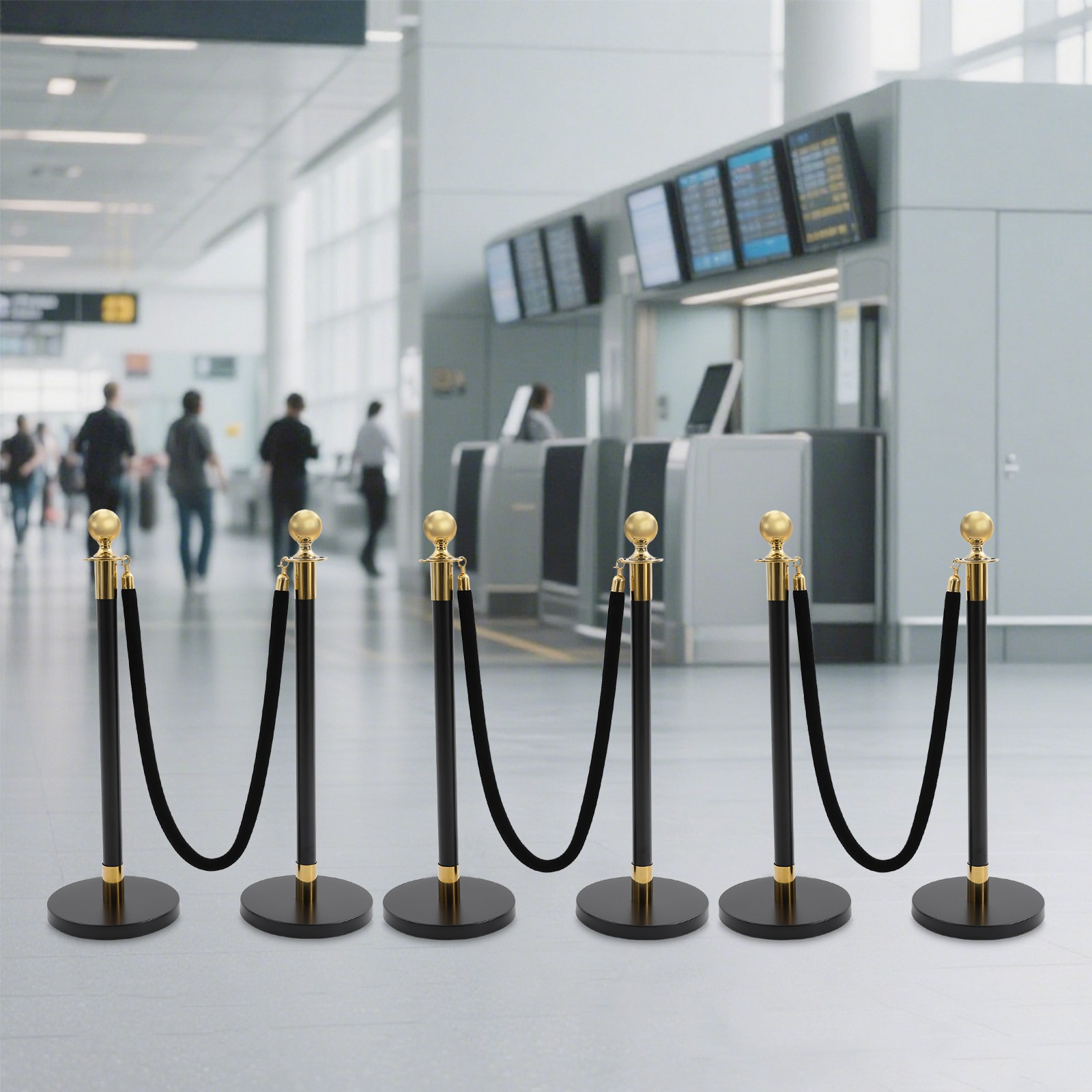 6x Black+Gold Stanchion Posts Queue Pole with 4*1.5m Ropes Crowd Control Barrier