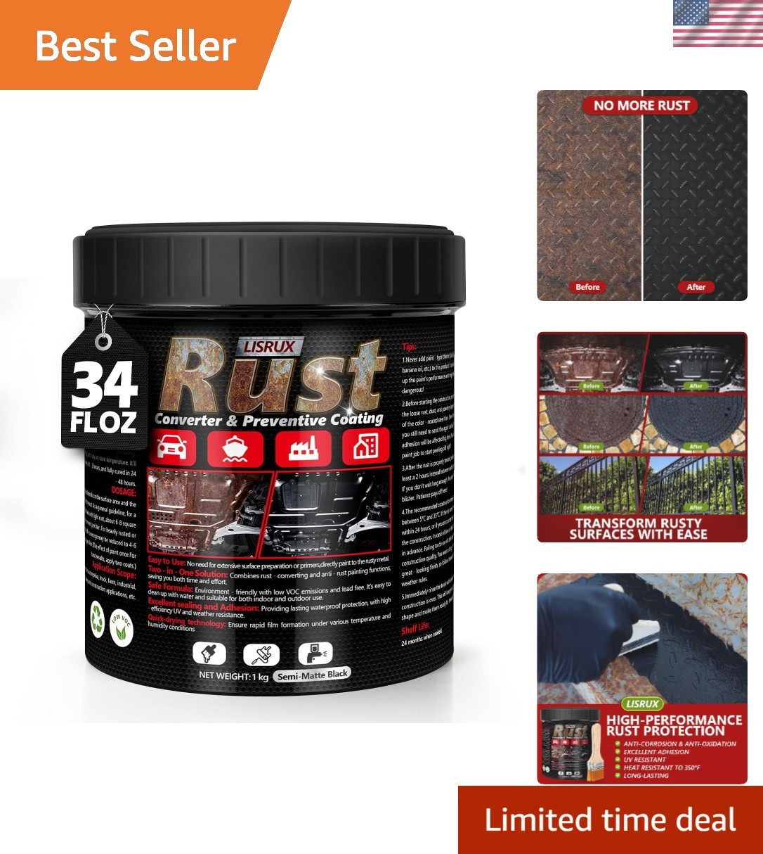 4-in-1 Rust Converter & Metal Primer, 34 Fl Oz Black Rust Inhibitor Paint for...
