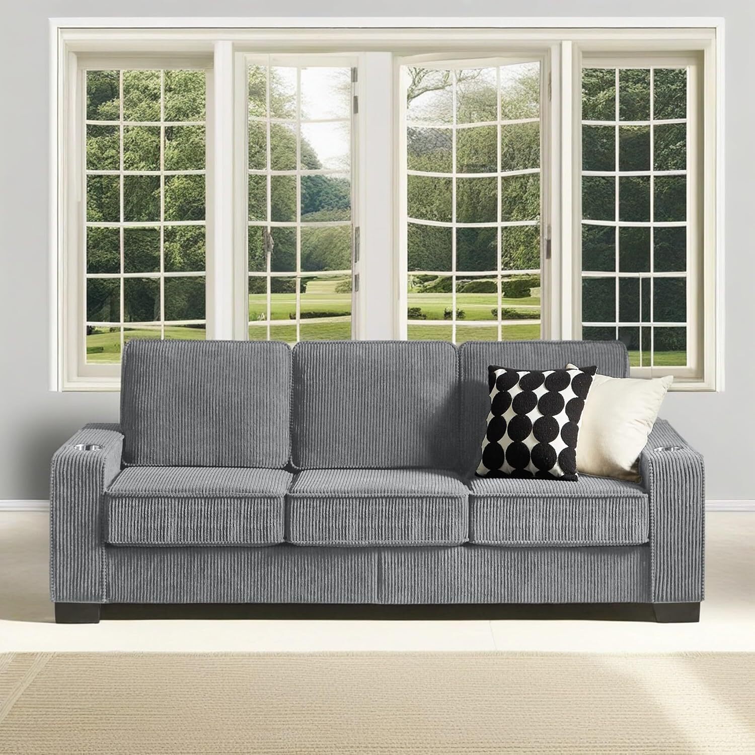 84" Modern Sofas Couches 3 Seater Couch w/Cup Holders,Corduroy Deep Seat Comfy