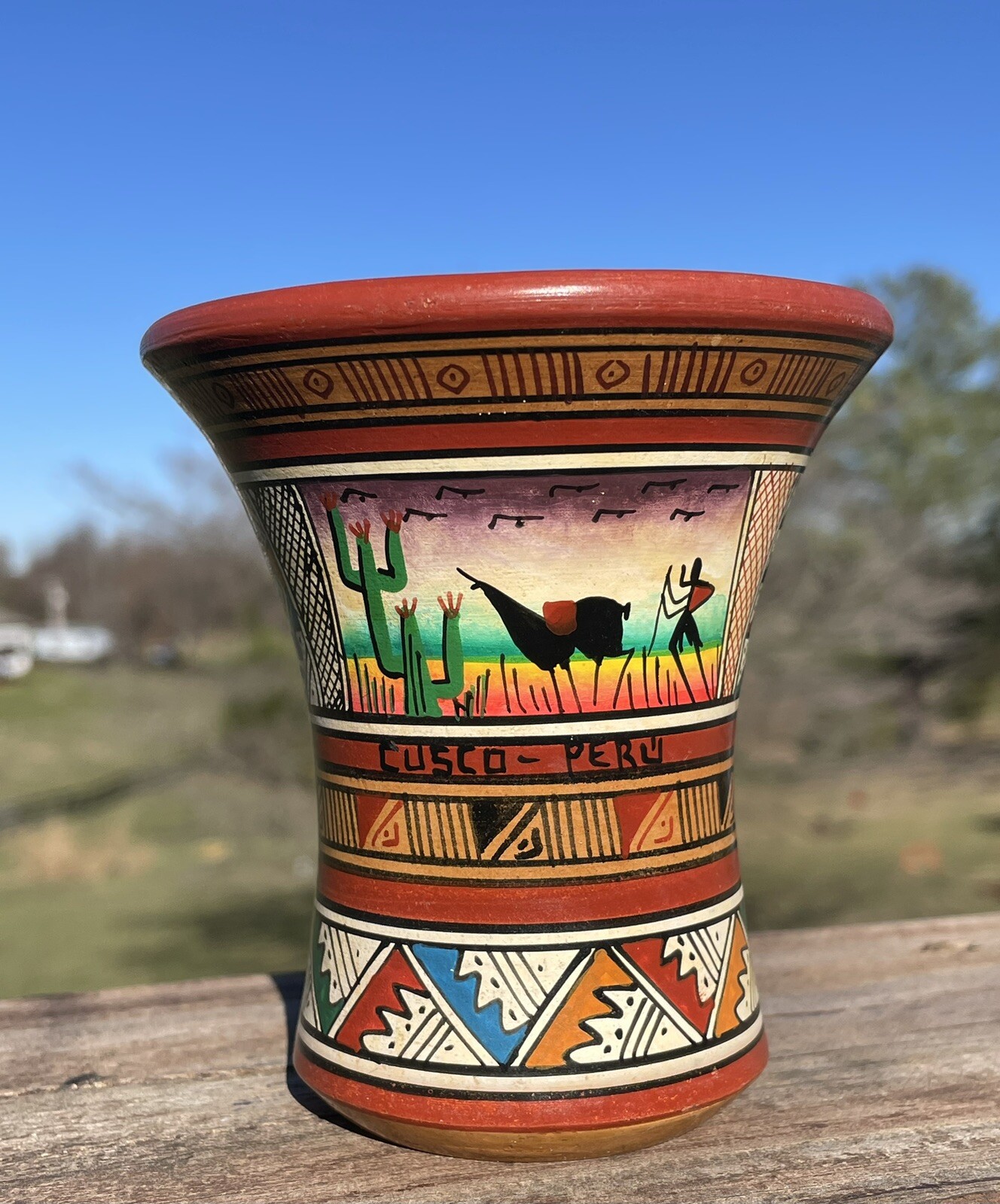 Cusco Peru  4 1/8" Hand Painted Vase from Peru- Painted Pottery Crafted Art