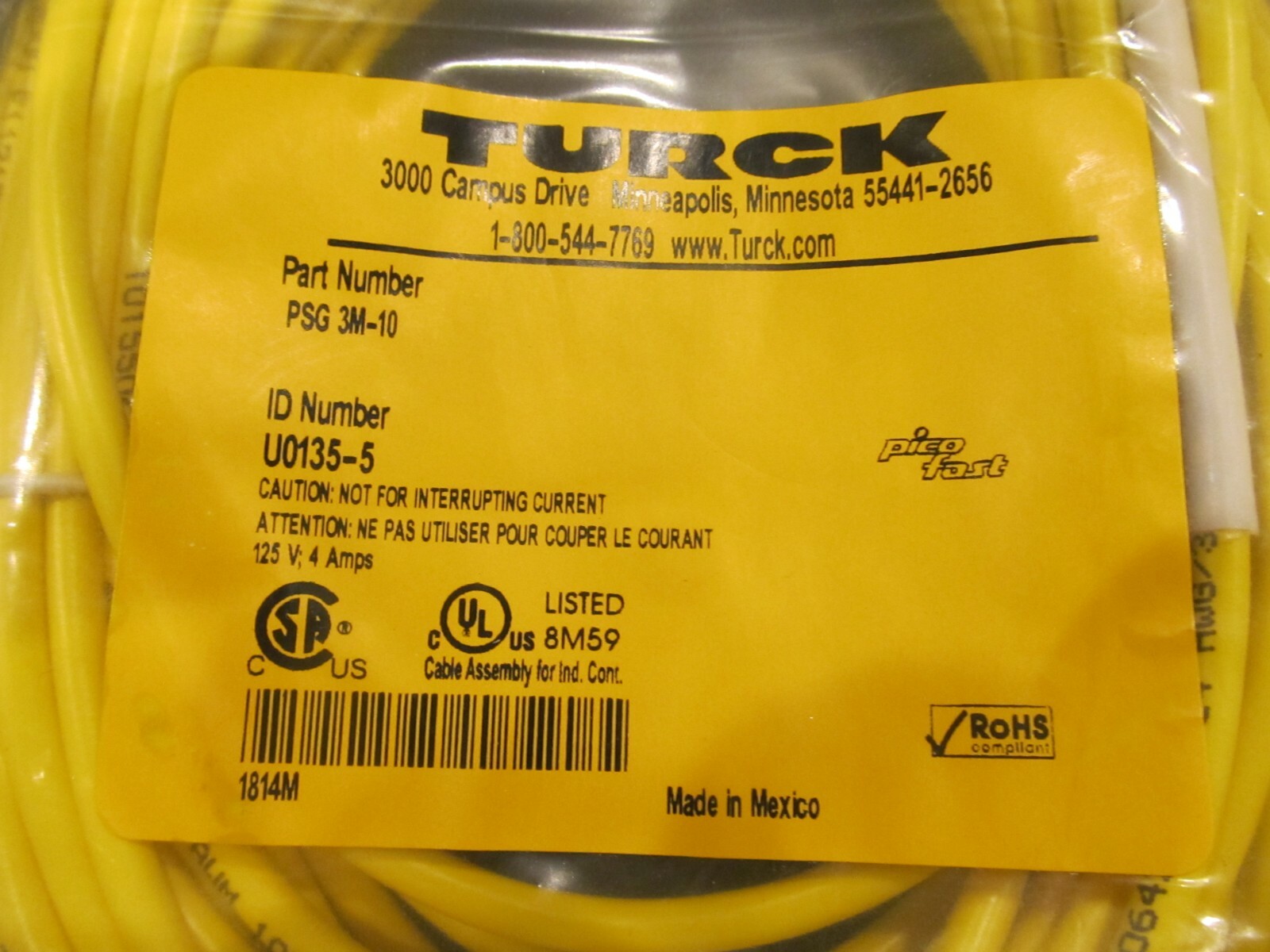 Turck M8 Male to Cut-end, Cable Assembly Yellow, 3-Pin/Cond 10 meters, PSG 3M-10