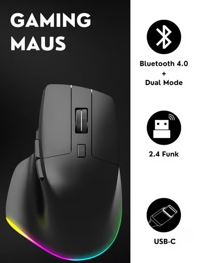 RGB Gaming Mouse Wireless Bluetooth USB-C 2400 DPI Ergonomic Vertical