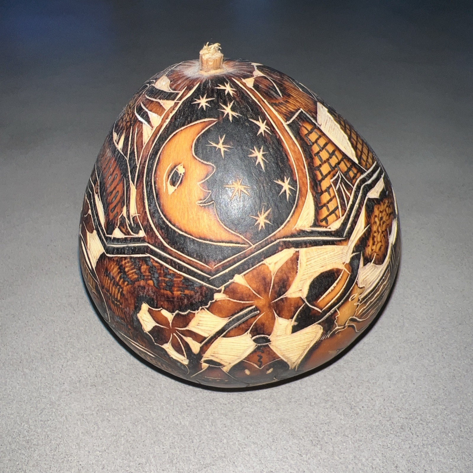 Detailed Hand Carved Folk Art Gourd Ornament Sun Moon Animal Peru