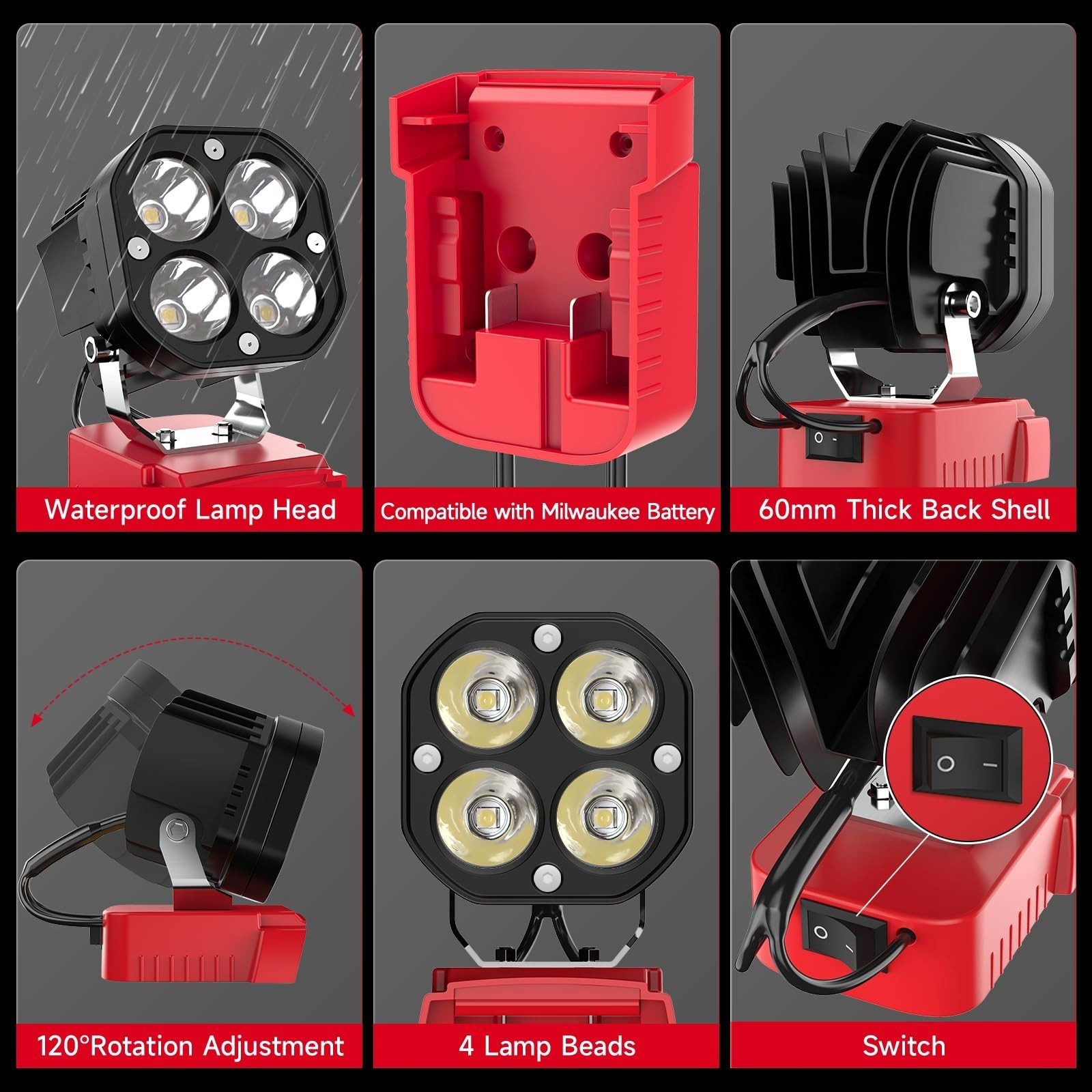 40W Rechargeable 6000LM LED Work Light Compatible with Milwaukee 18V Battery