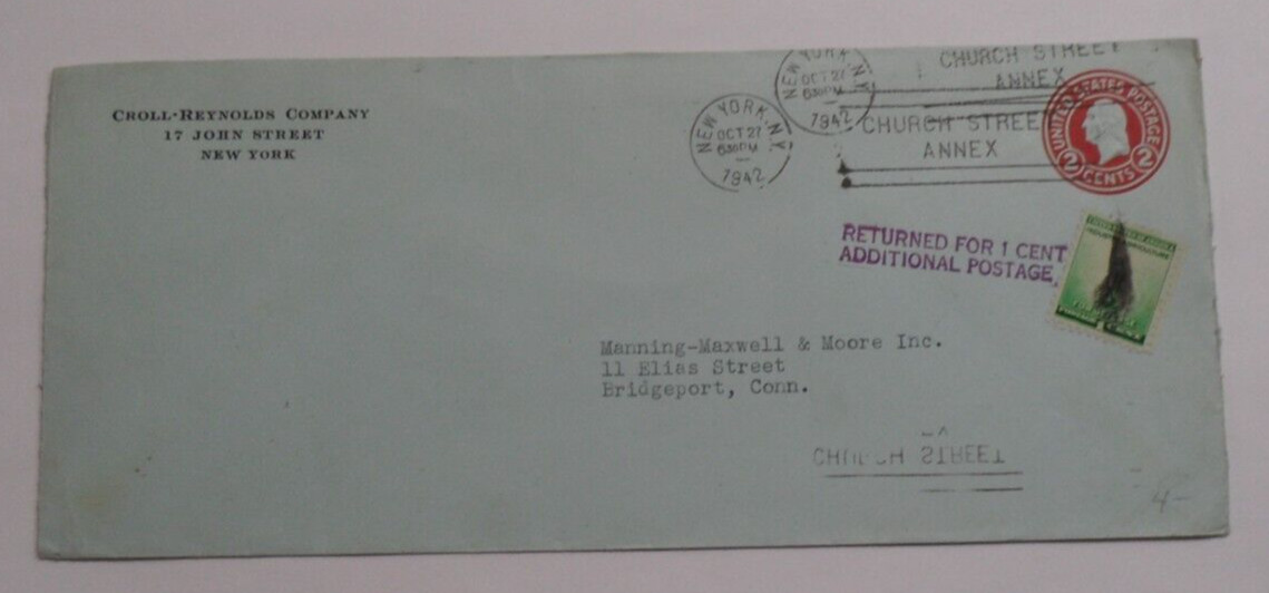 STAMPMART : USA NY 1942 ENVELOPE USED TO CONN - RETURNED  & ADDITIONAL POSTAGE !