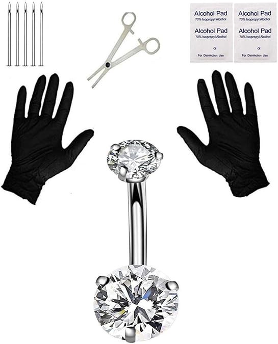 Pain-Free Belly Button Piercing Kit 14G Hypoallergenic Steel Needle & Clamp