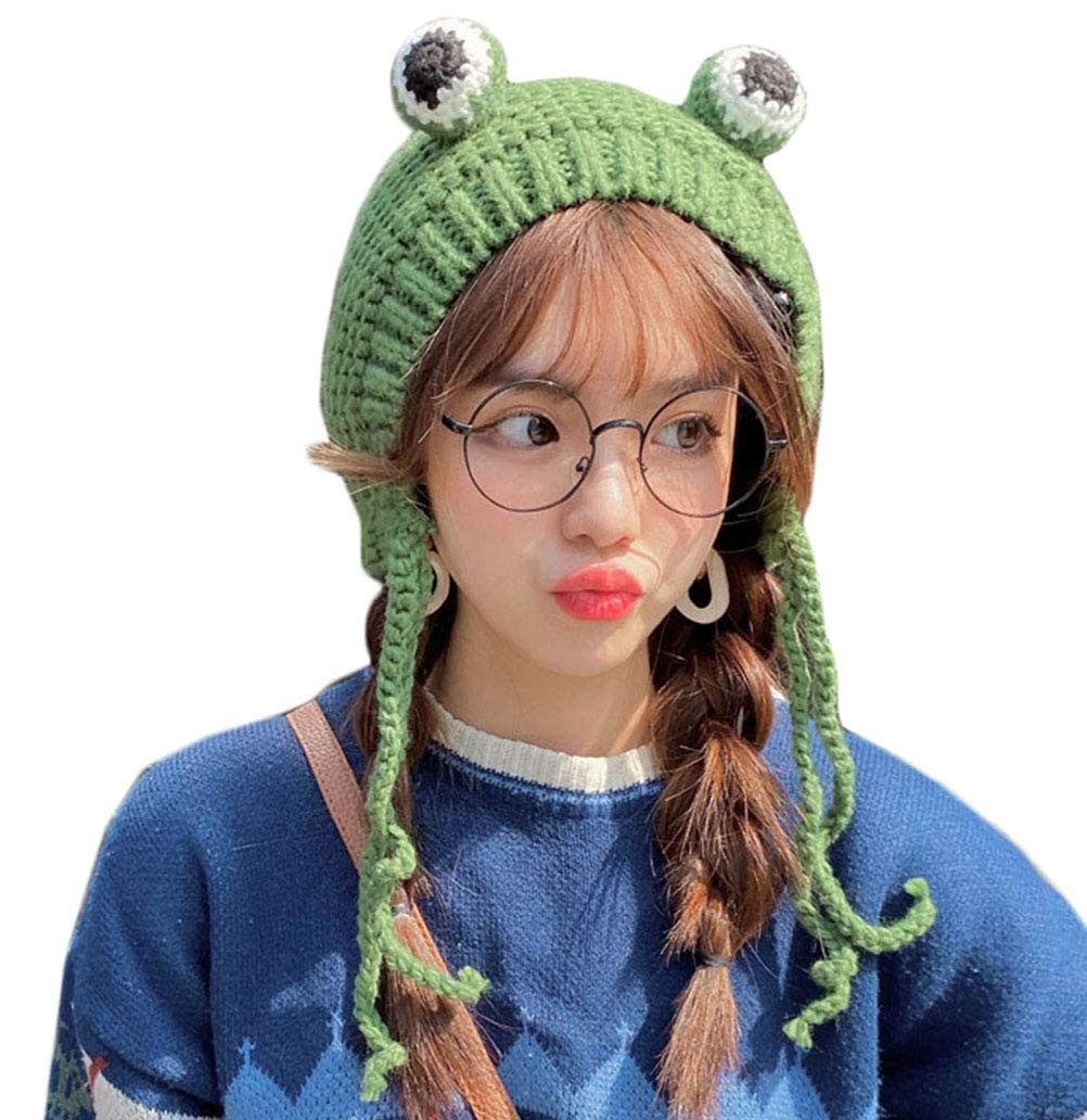 Women Girls Crochet Knitted Winter Headband One Size, Full Coverage Frog Hat