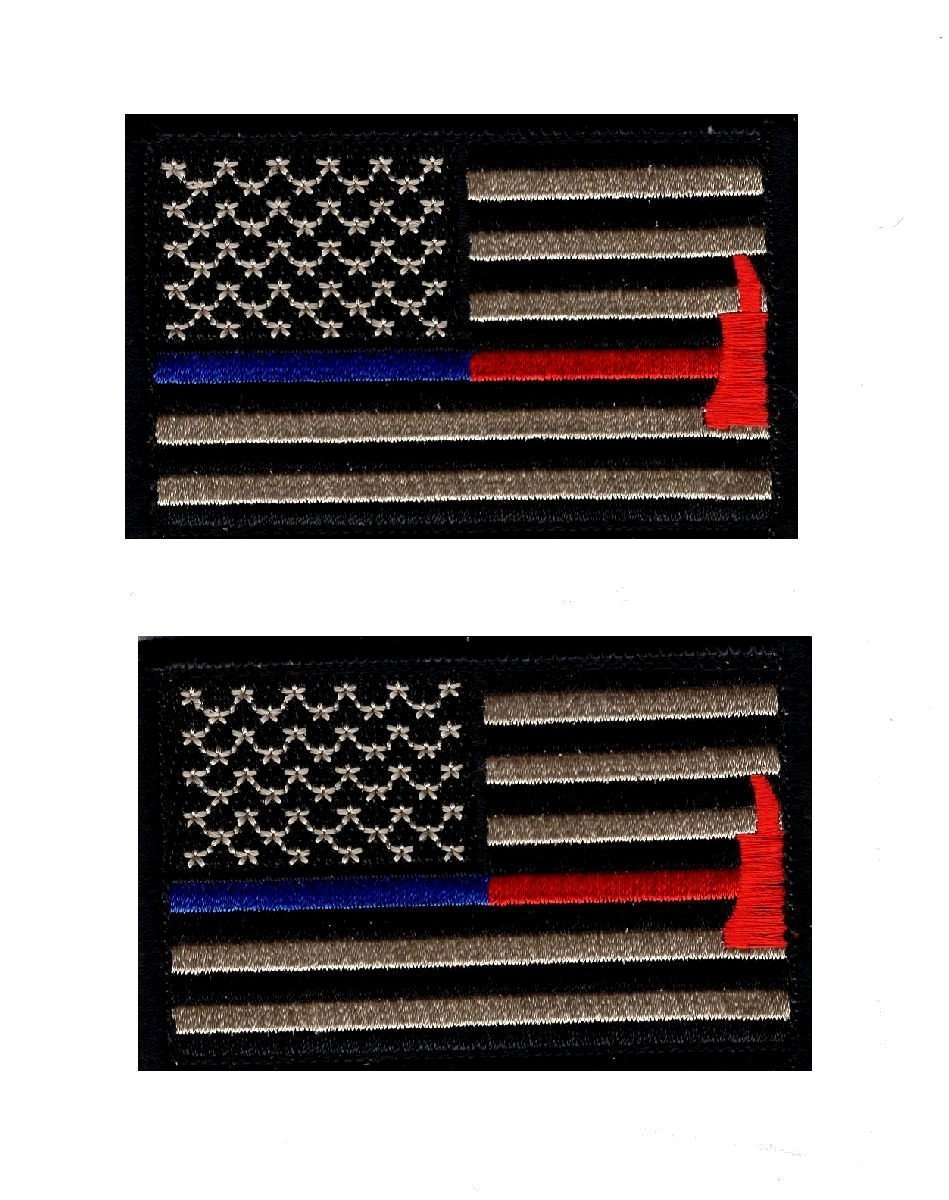 Thin Blue and Red Line USA Flag Police Firefighter Hook Patch (2PC-BR3)