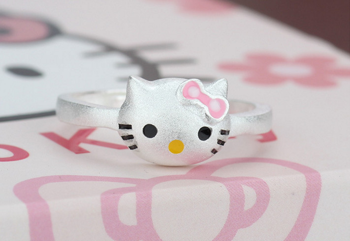 Pink Bow Hello Kitty Cat Kitten Silver Adjustable Ring