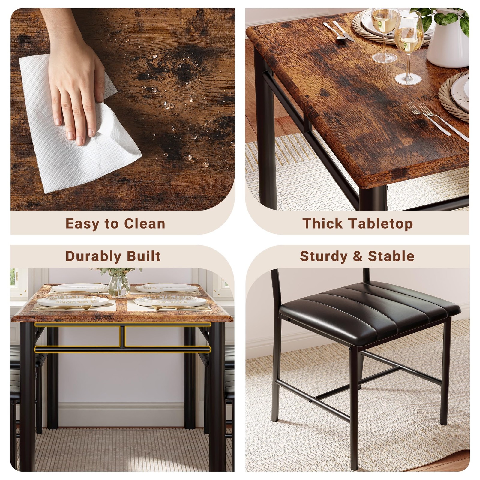IRONCK Dining Table Set for 4, Wood Kitchen Table with Upholstered Chairs for Ki