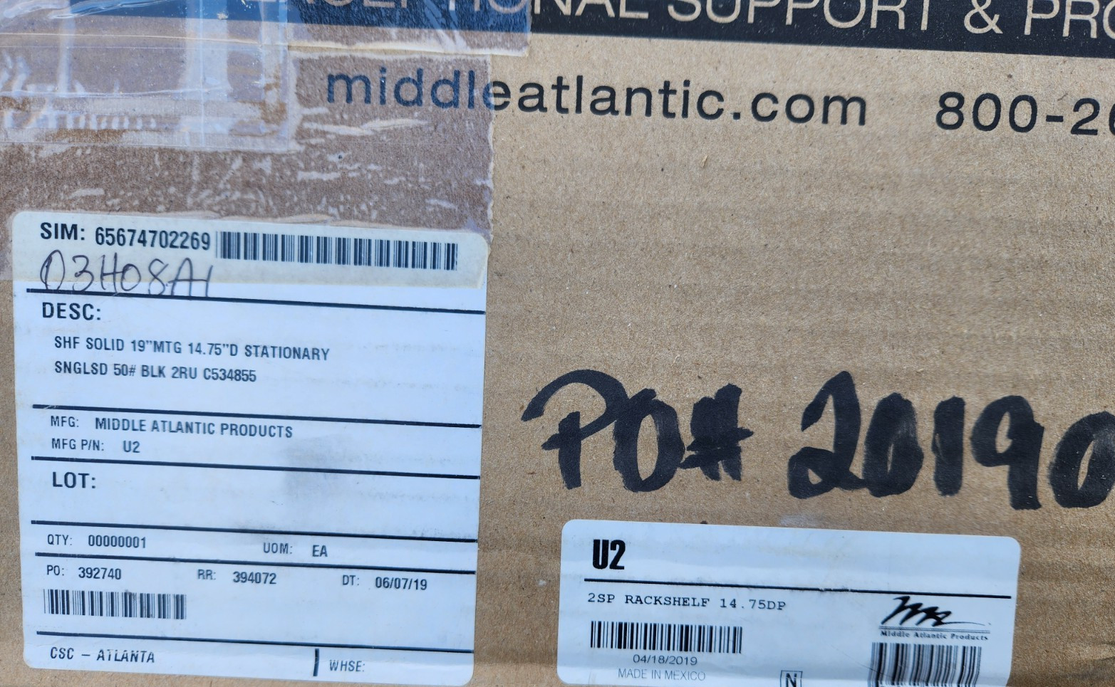 Middle Atlantic Products U2 2Sp Rackshelf 14.75 D, no hardware