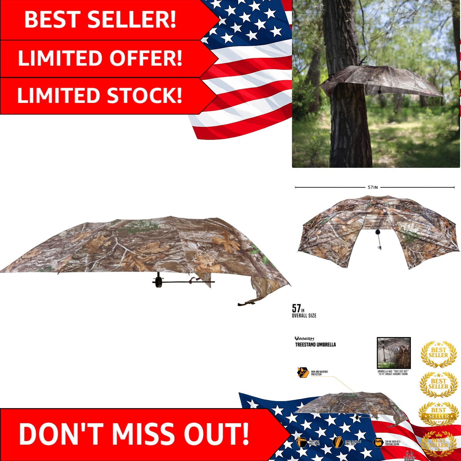 Vanish Instant Roof: 57" Realtree Camo Umbrella for Ultimate Hunting Protection