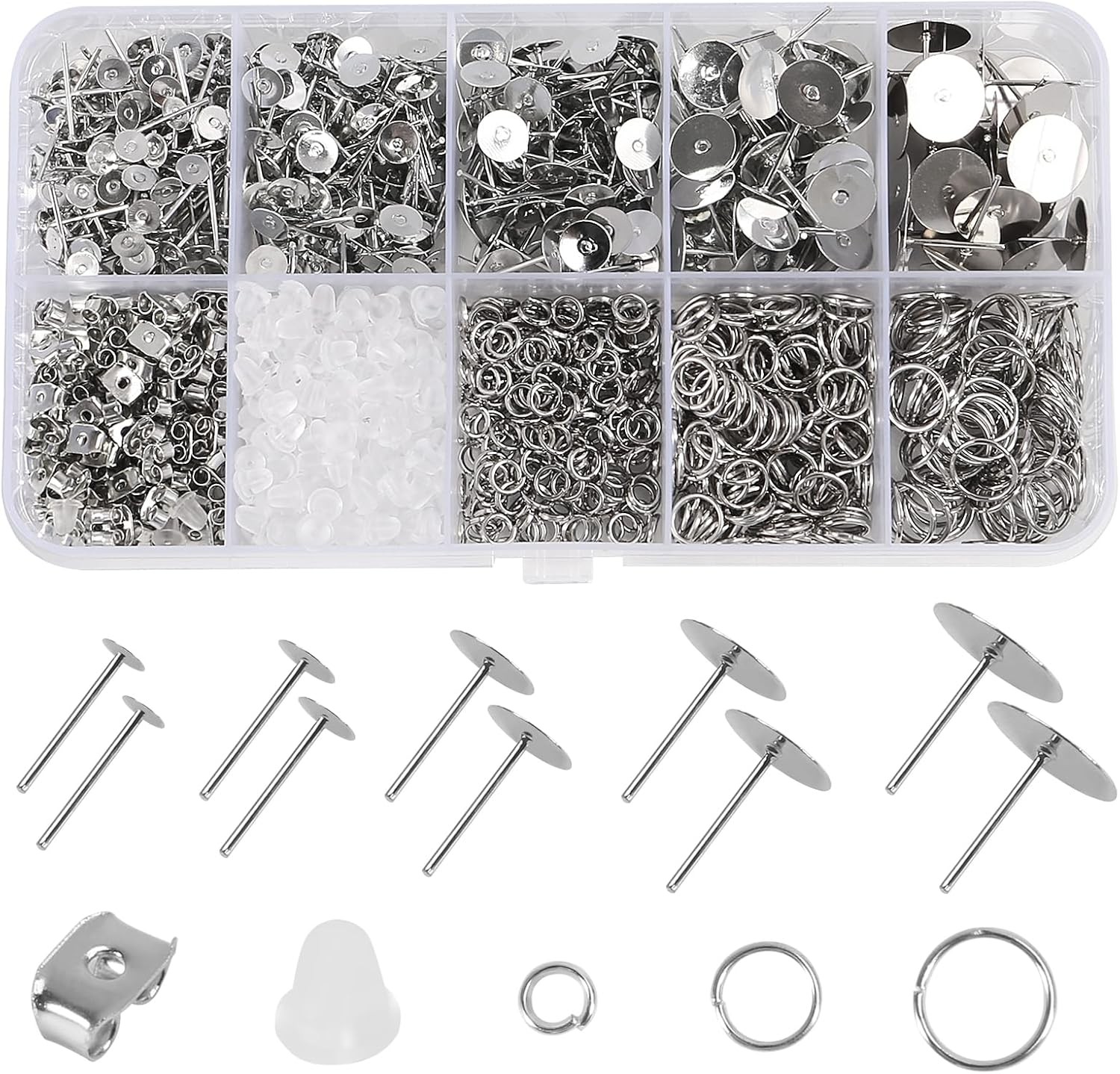 1650Pcs Earring Posts and Backs Jump Rings Kit Small,