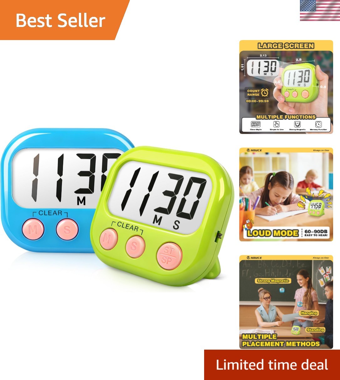 Durable Magnetic Classroom Timer Set - Easy to Read 2 Pack with Last Time Memory
