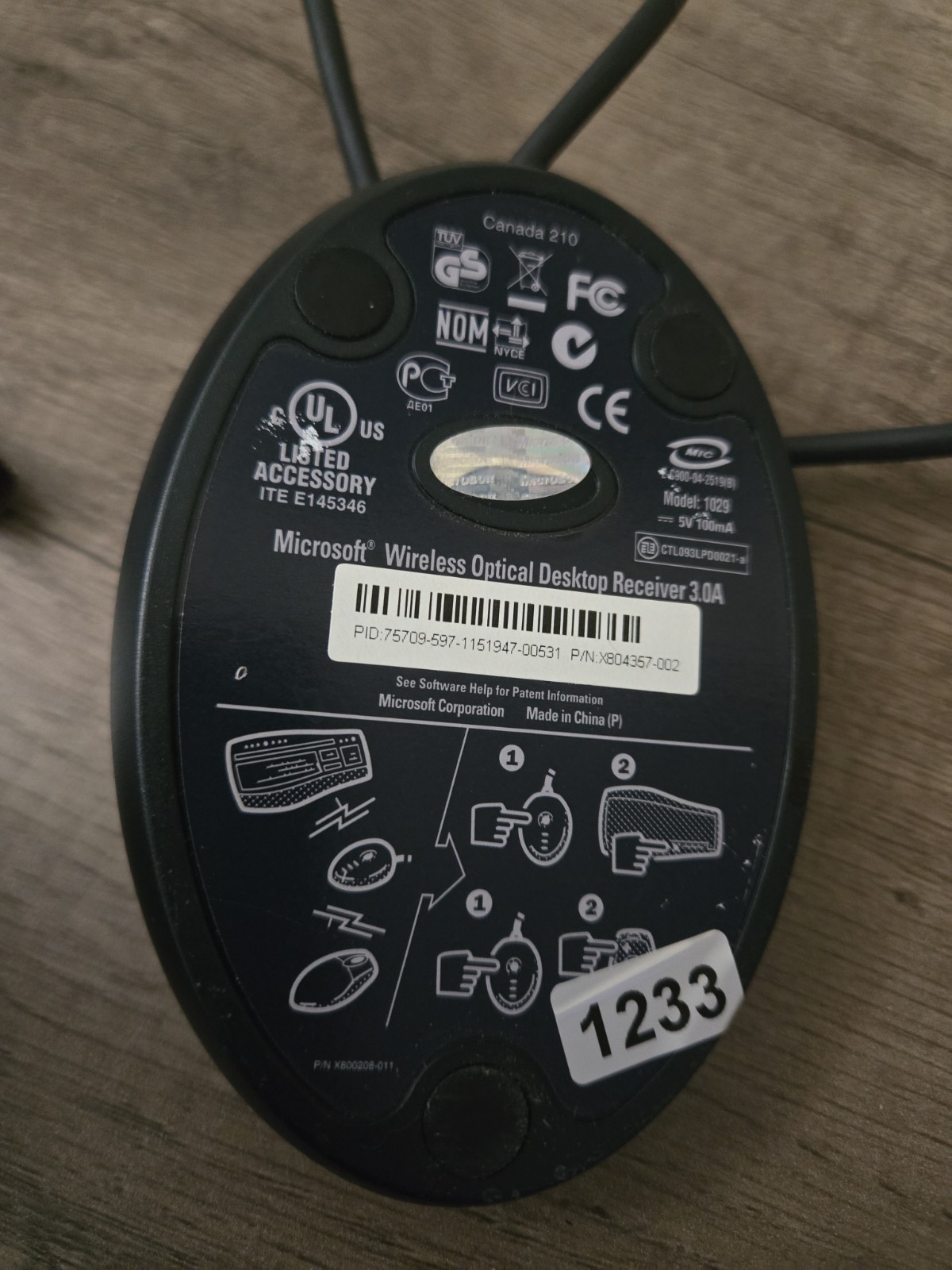 MICROSOFT WIRELESS OPTICAL Desktop Receiver 3.0A Model 1029