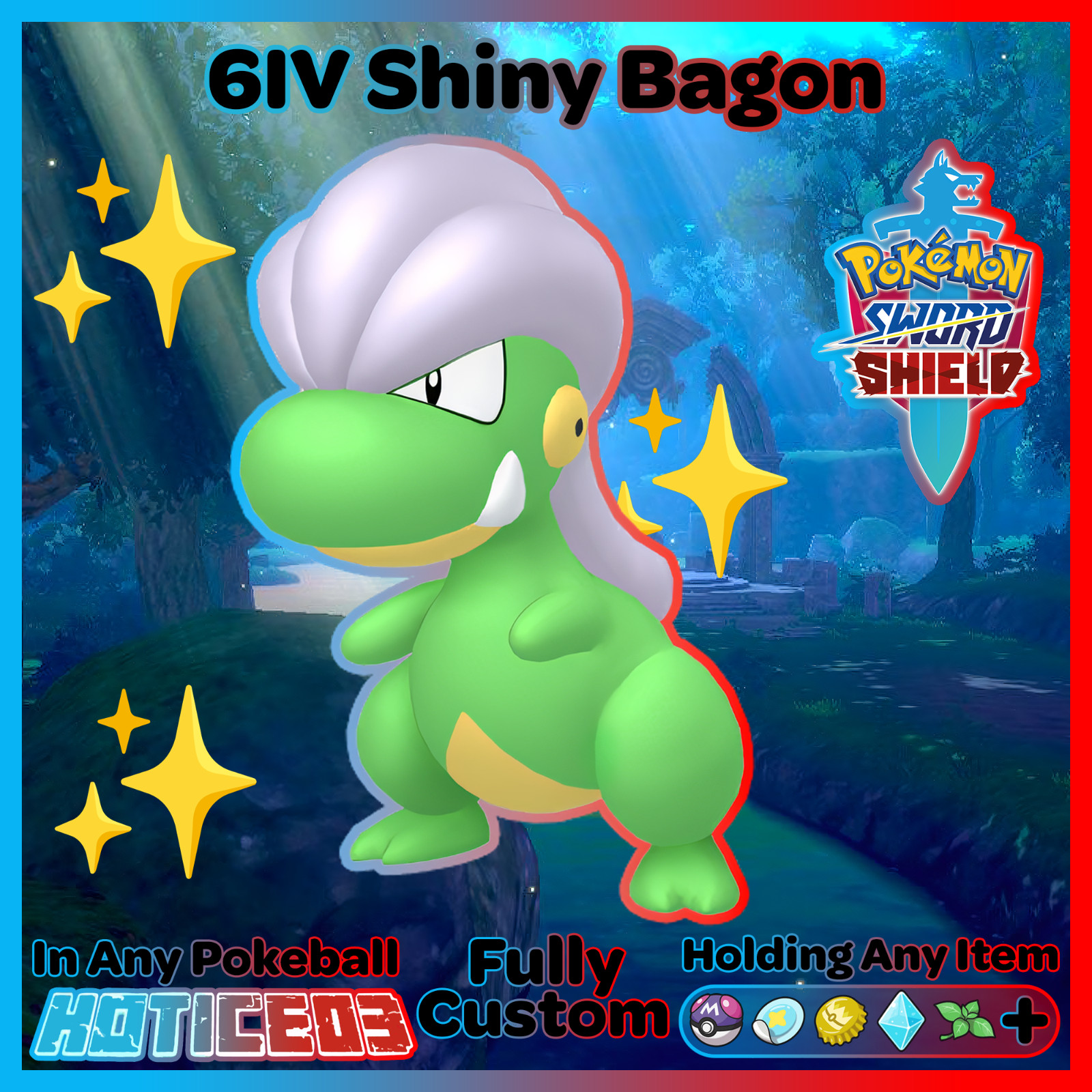 BAGON ✨ Ultra Rare SHINY 6IV ✨ Pokemon SWORD and SHIELD Max lv1 +Free MasterBall