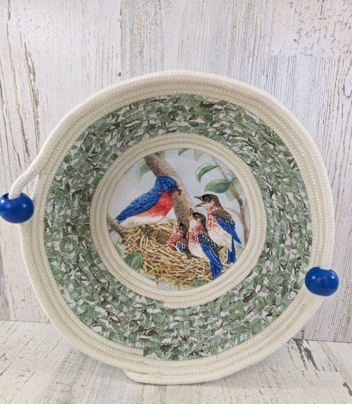 Rope Bowl Fabric Covered Coiled Handmade Blue Birds Nest Bead Button Cottagecore